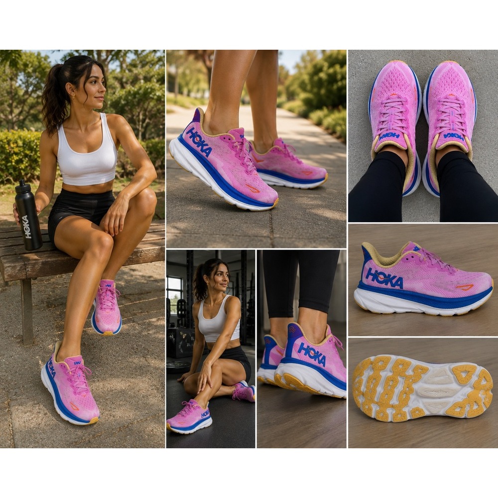 Hoka One One Clifton 9 Pink Blue Running Shoes Womens 6D Wide 1132211 CSLC